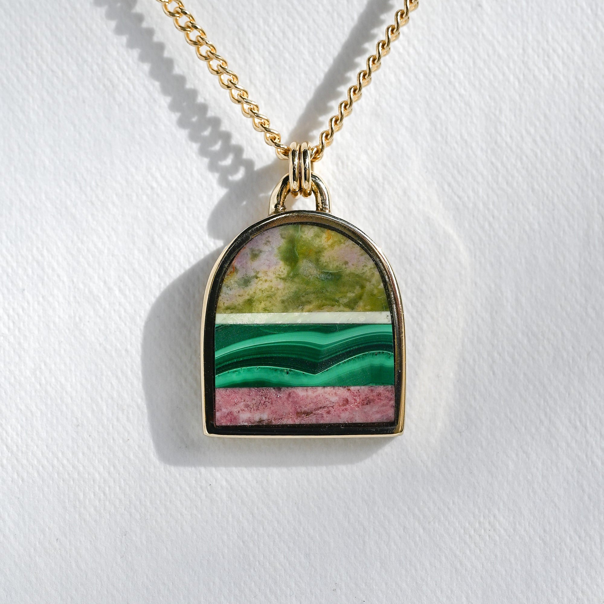 Spring Strata Large Brass & 14k Goldfill Stone Intarsia Necklace