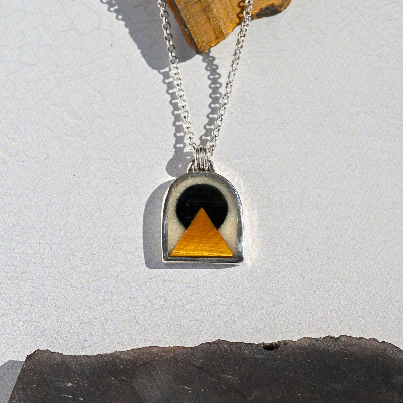 Obsidian Sun & Tiger Eye Temple Small Sterling Silver Landscape Necklace no. 57