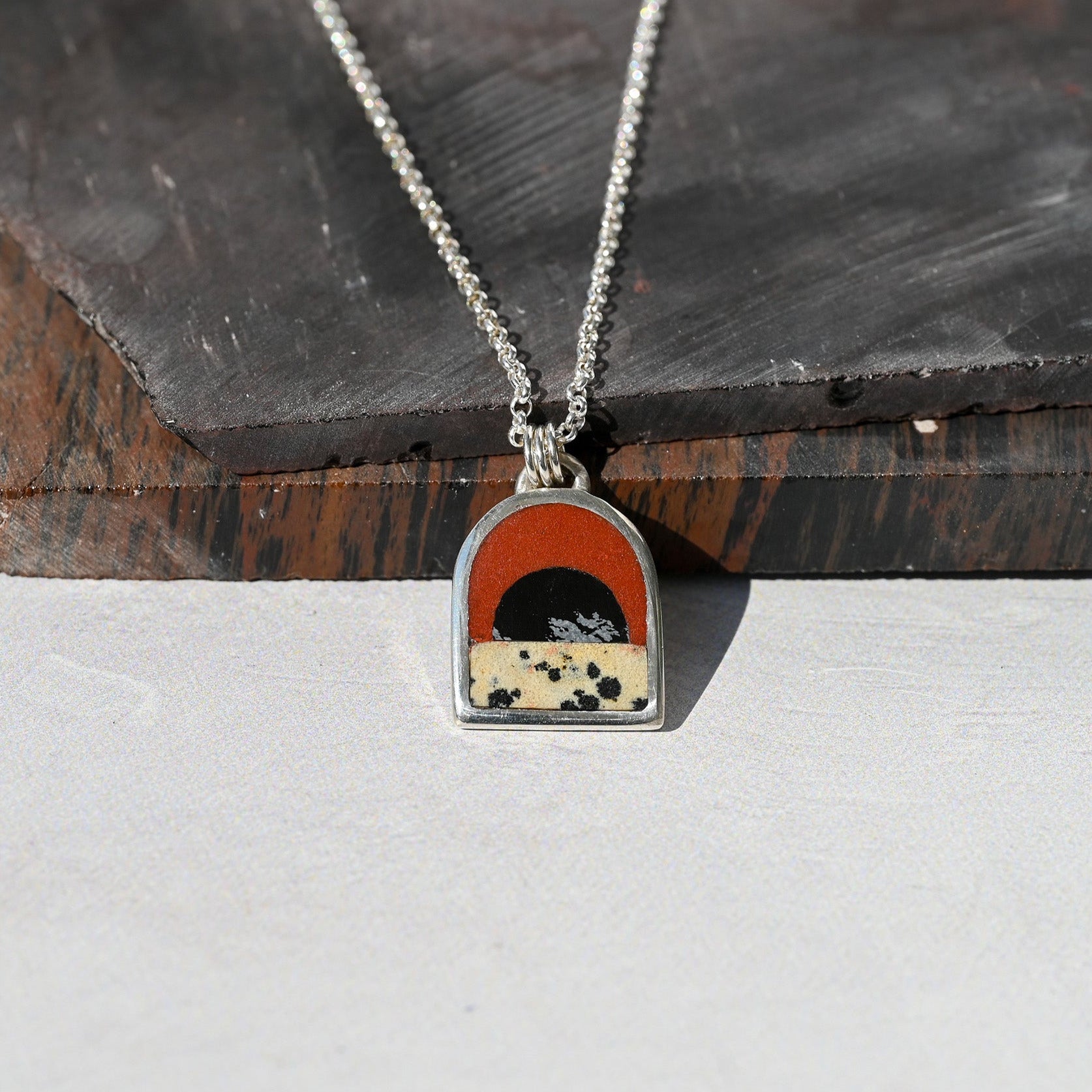 Obsidian Sun & Dalmatian Stone with Red Jasper Sky Small Silver Landscape Necklace no. 60