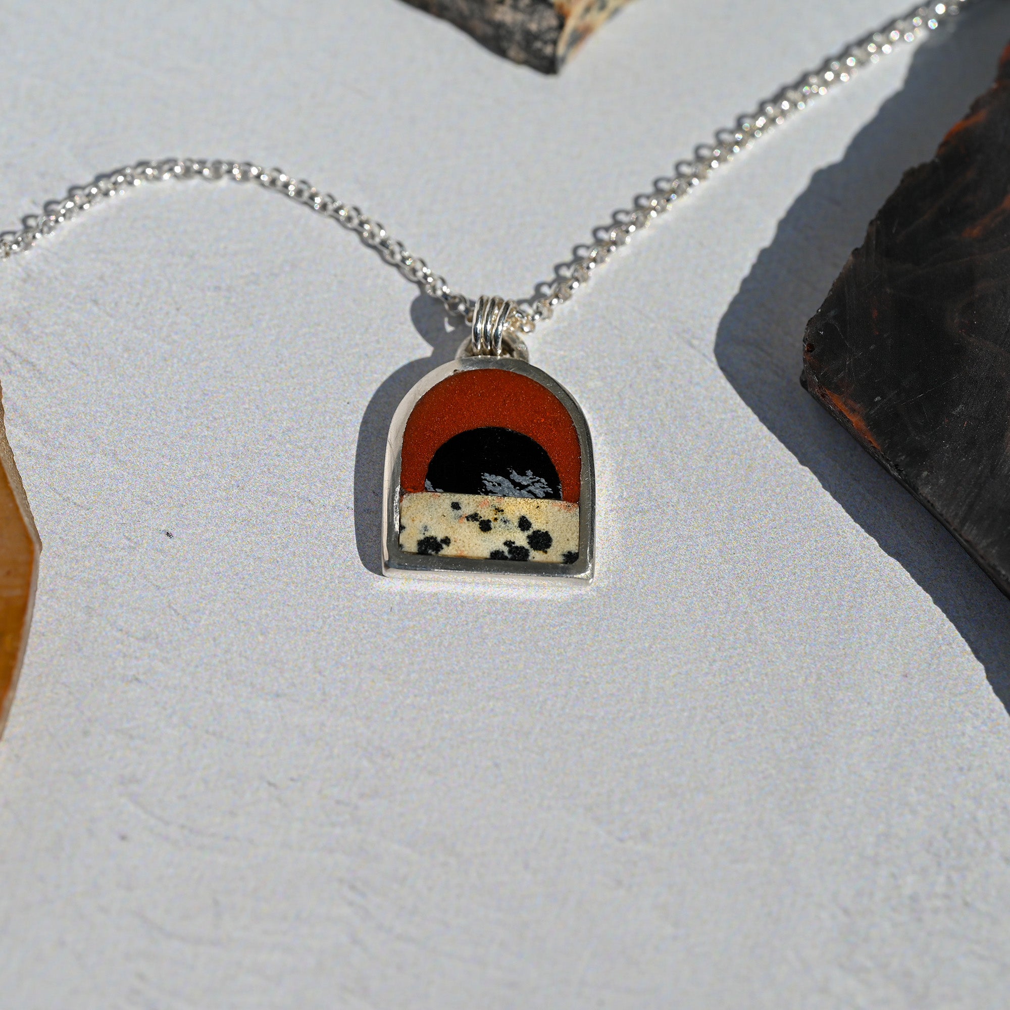 Obsidian Sun & Dalmatian Stone with Red Jasper Sky Small Silver Landscape Necklace no. 60