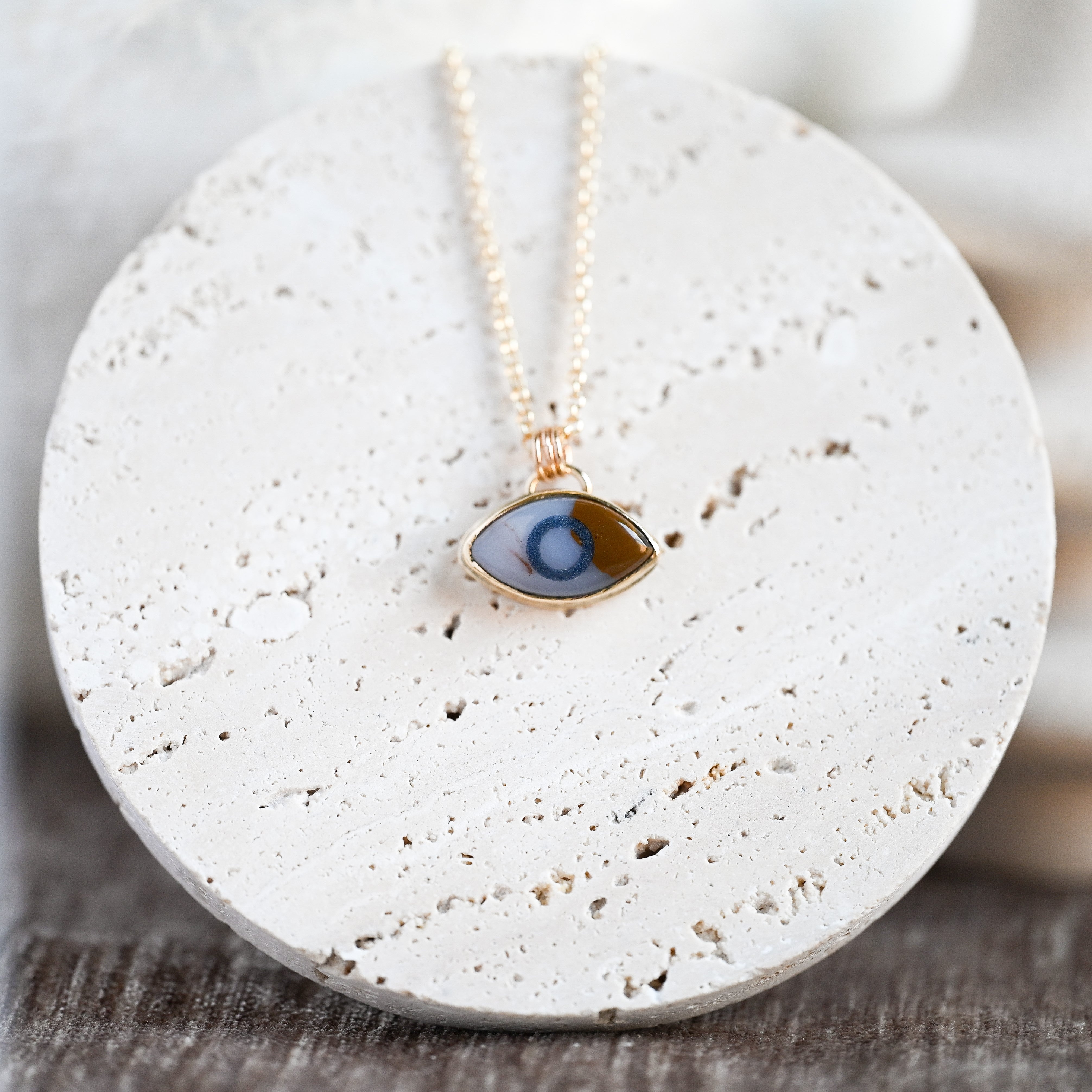 Spotted Agate & Lapis Brass Eye Pendant with Goldfill Chain