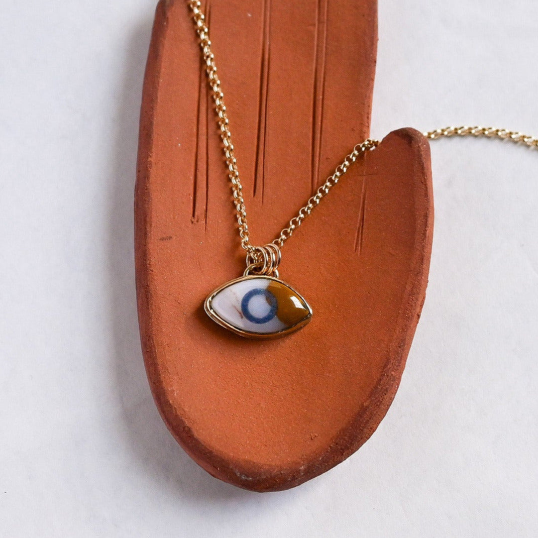 Spotted Agate & Lapis Brass Eye Pendant with Goldfill Chain