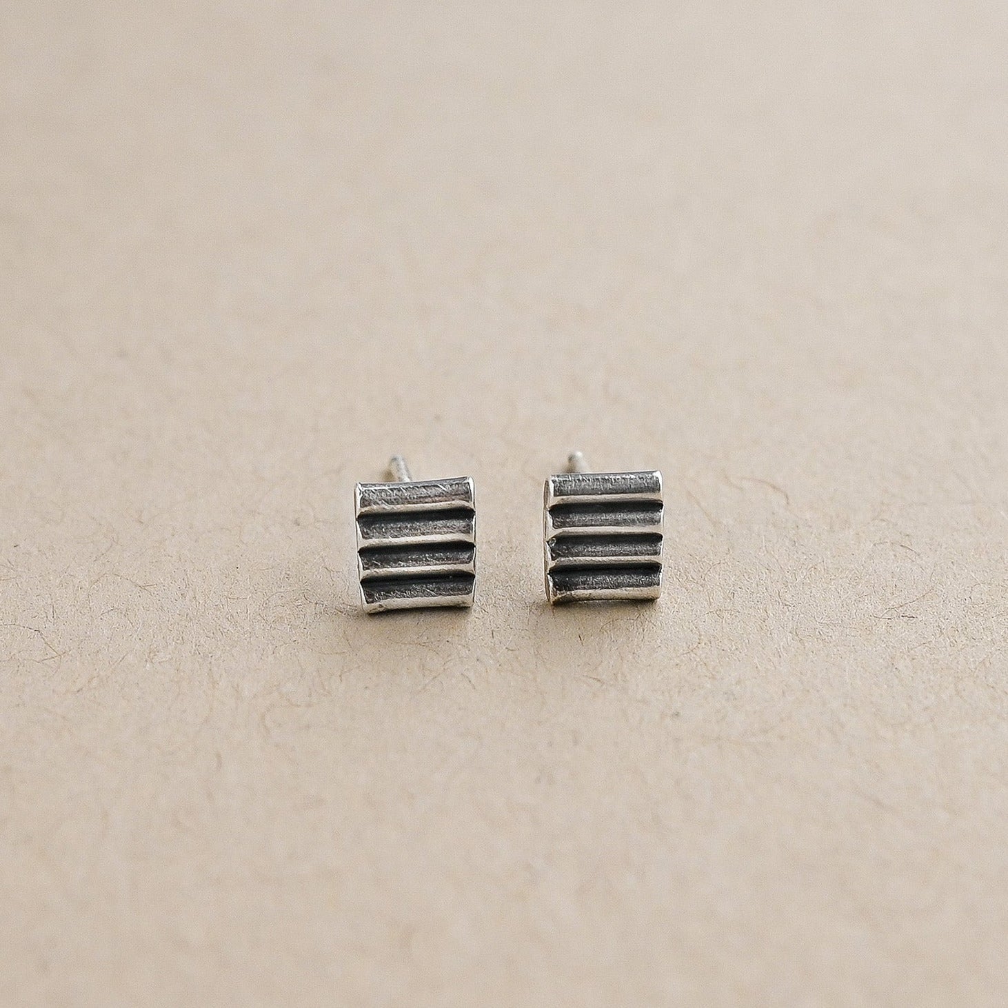 Pair of silver striped earrings on a beige background