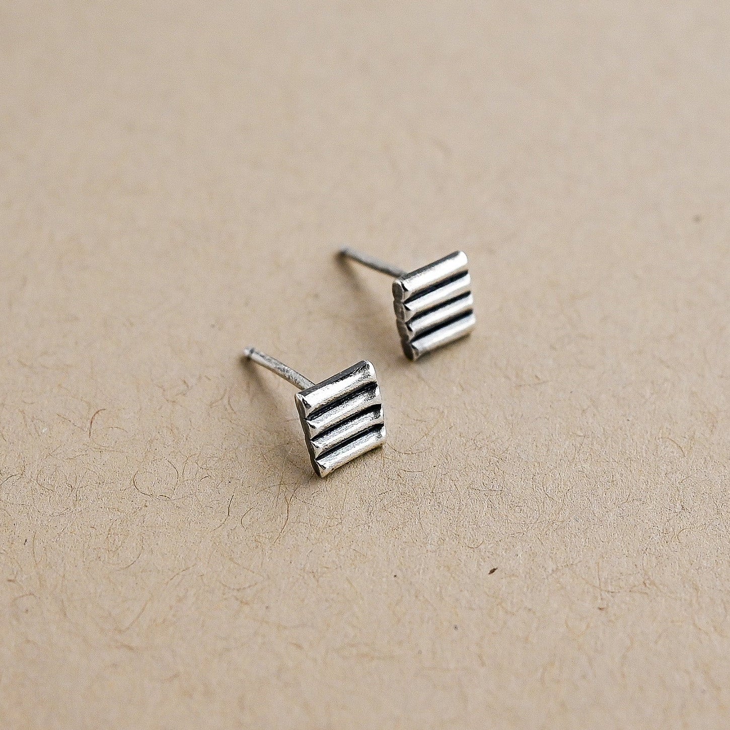 Pair of silver striped earrings on a beige background