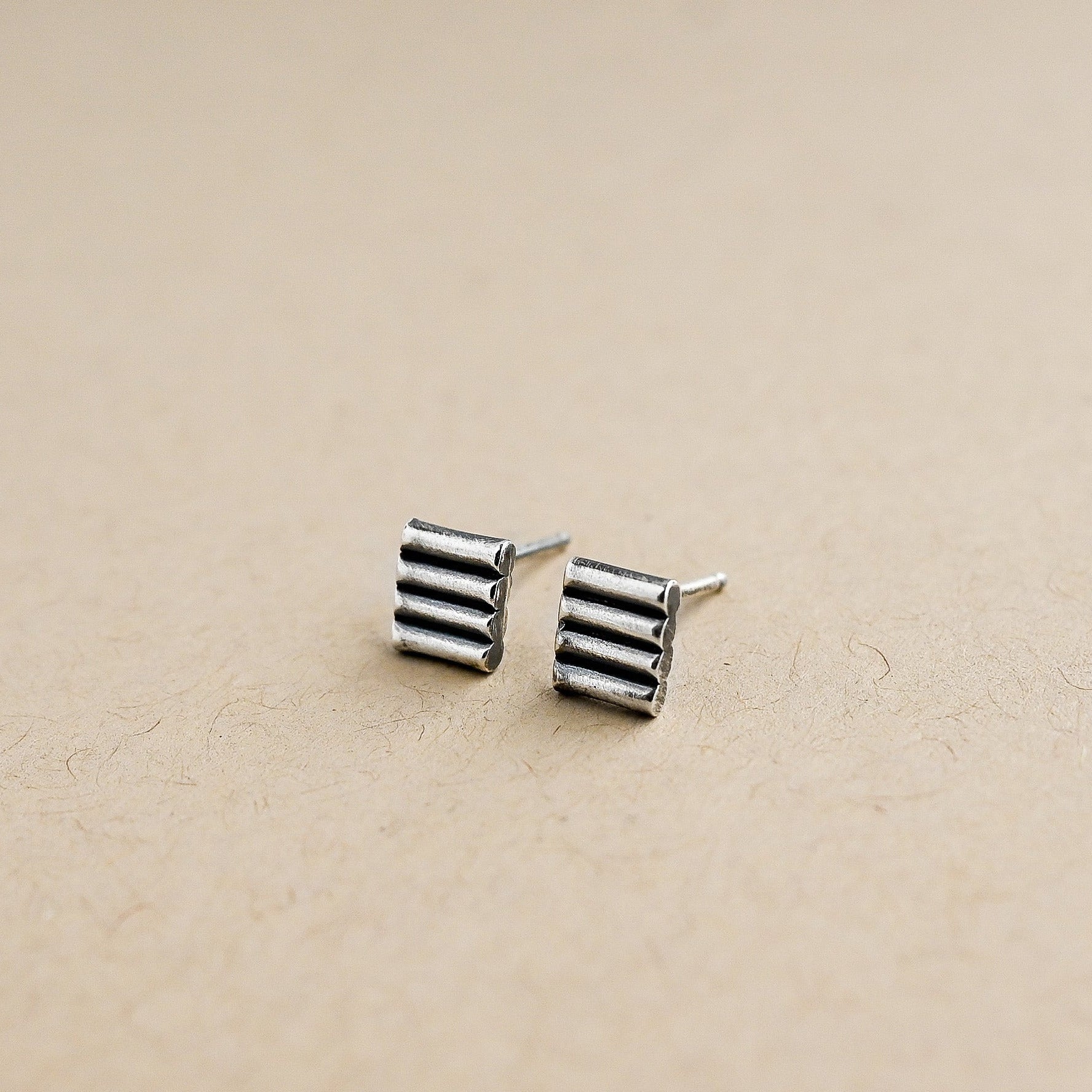 Pair of silver striped earrings on a beige background