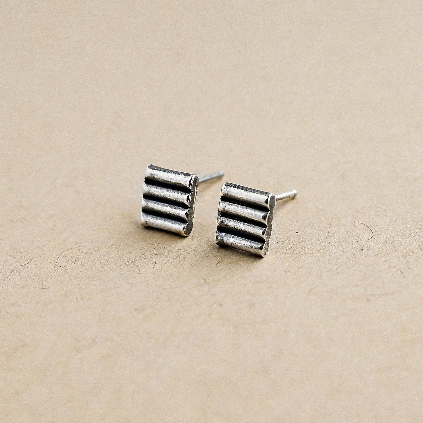 Pair of silver striped earrings on a beige background