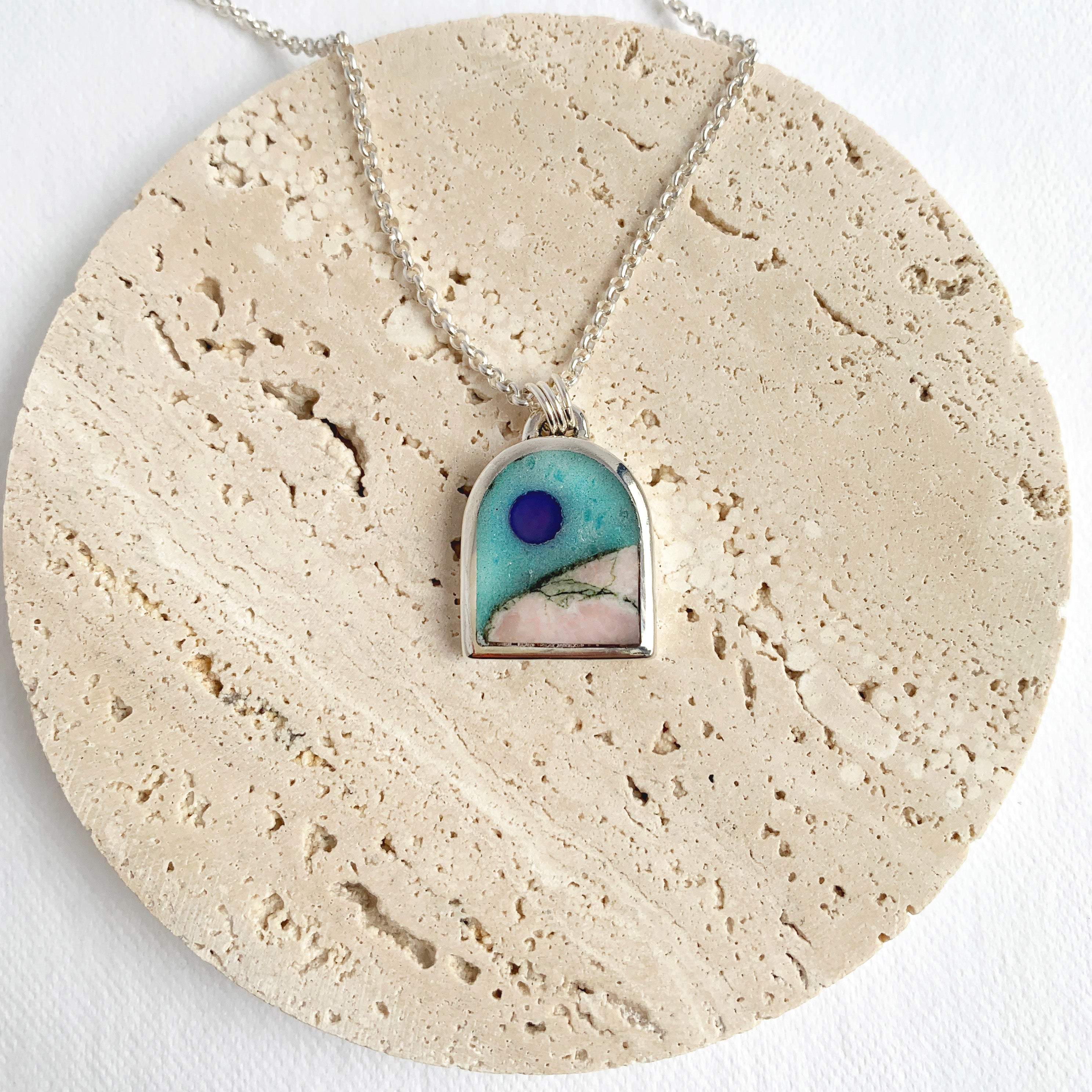 Turquoise Sky with Blue Onyx Moon over Rhodonite Mountain Small Silver Landscape Necklace no. 48