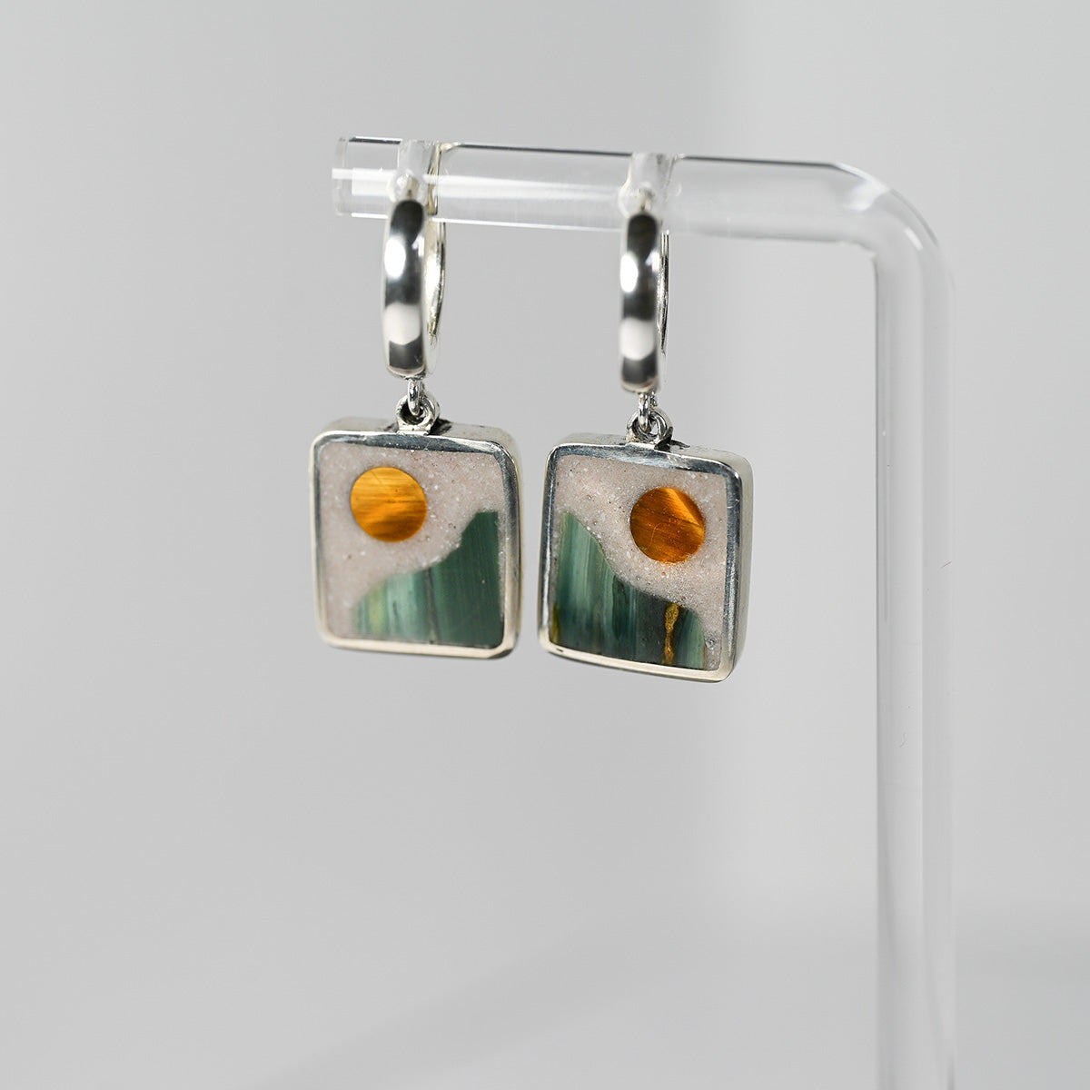 Tiger eye Sun & Gary Green Jasper Hills Sterling Silver Landscape Huggie Earrings no. 62