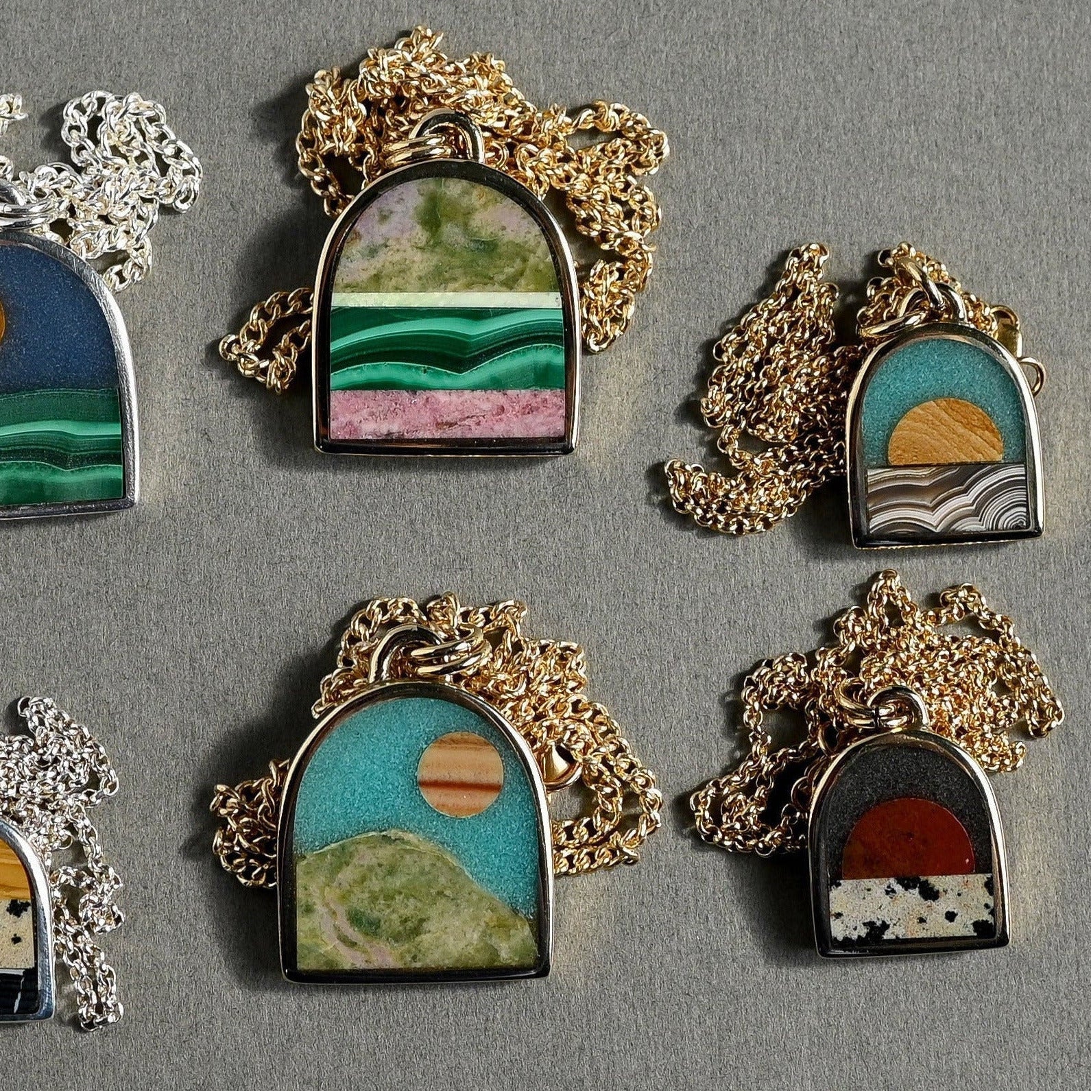 Set of necklaces on a gray background