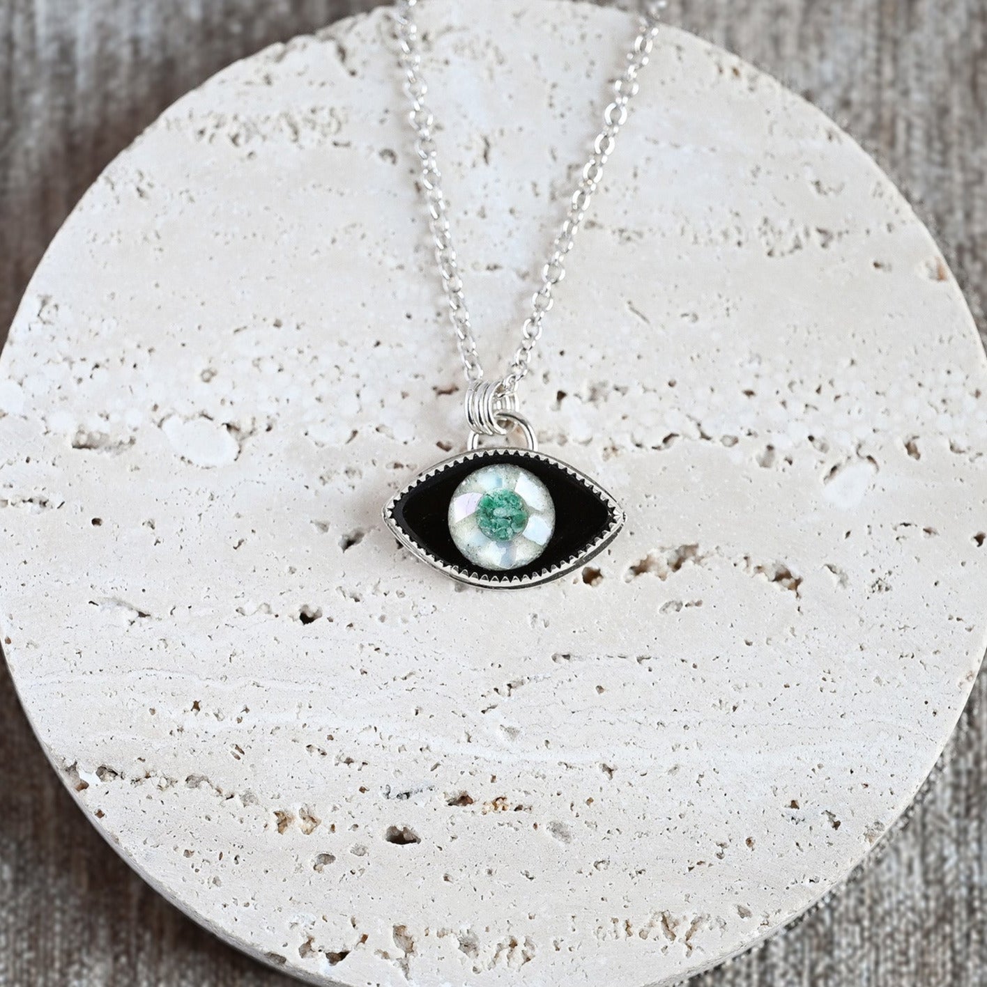 Obsidian, Mother of Pearl & Emerald Eye Sterling Silver Necklace