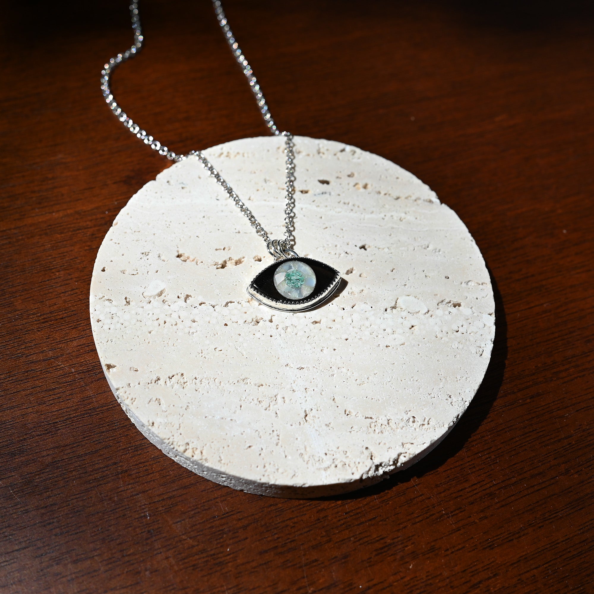 Obsidian, Mother of Pearl & Emerald Eye Sterling Silver Necklace