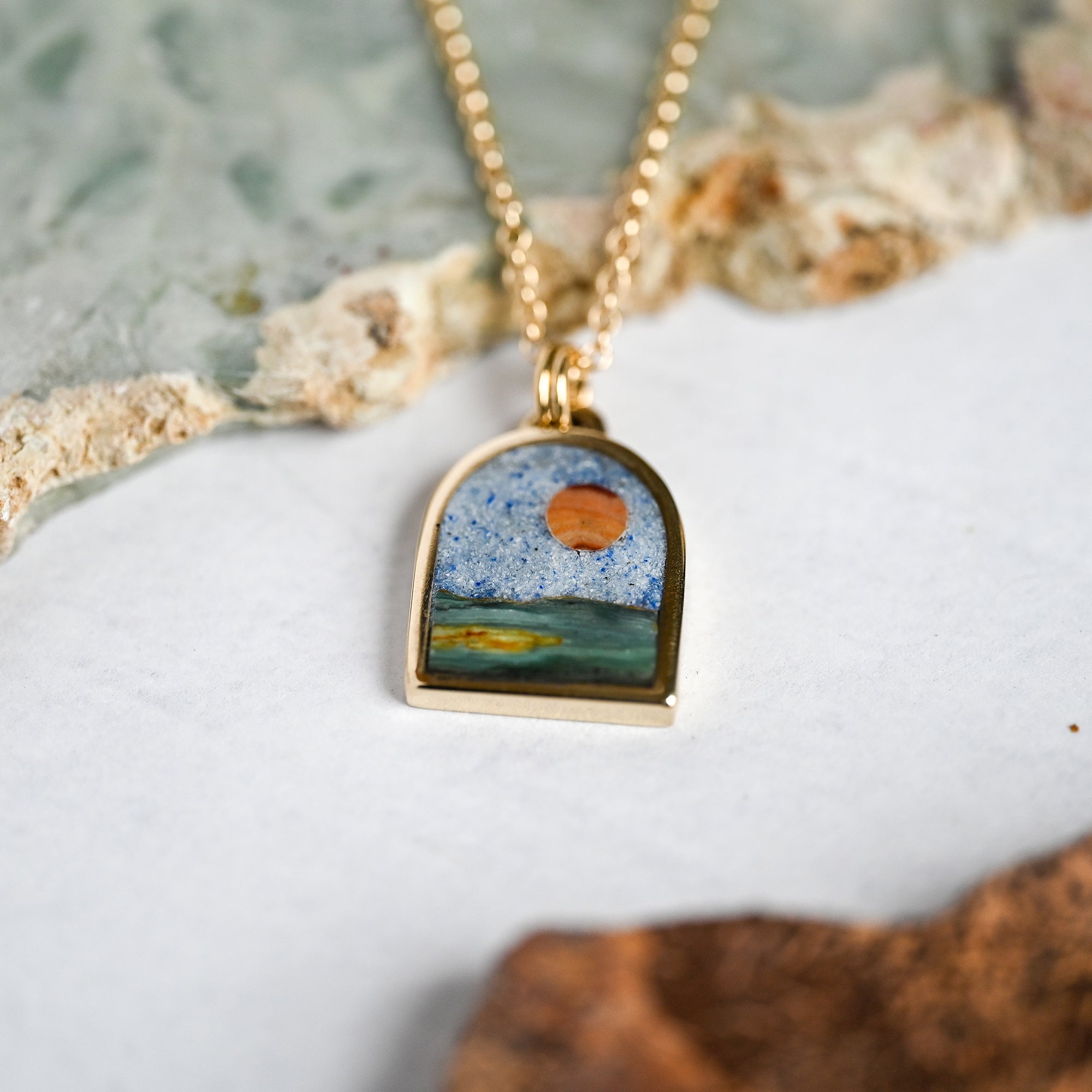 Peach Moon over Gary Green Pasture Small Brass Landscape Necklace no. 70