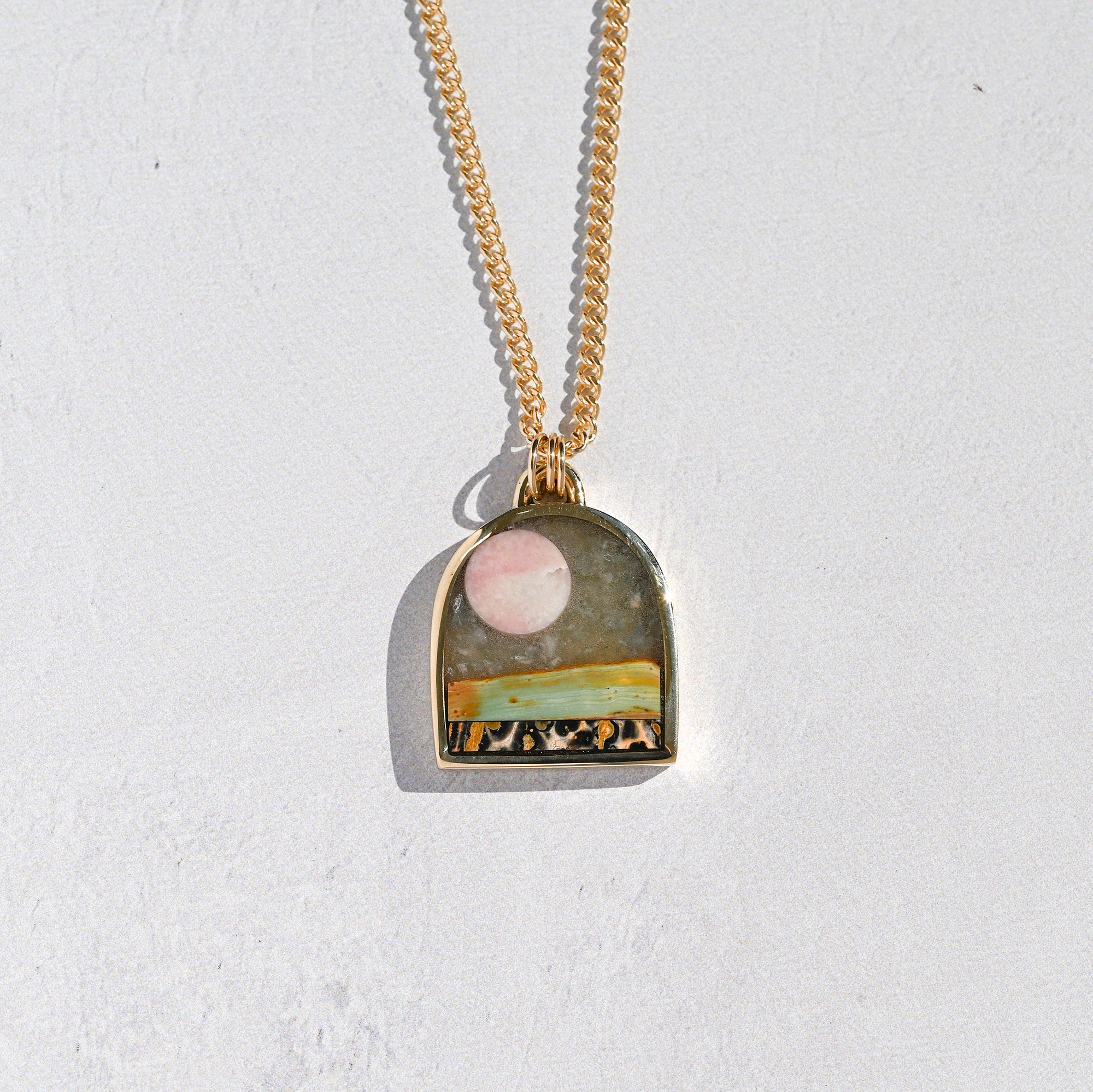 Pink Moon over Gary Green & Leopard Skin Terrain Large Brass Landscape Necklace no. 54