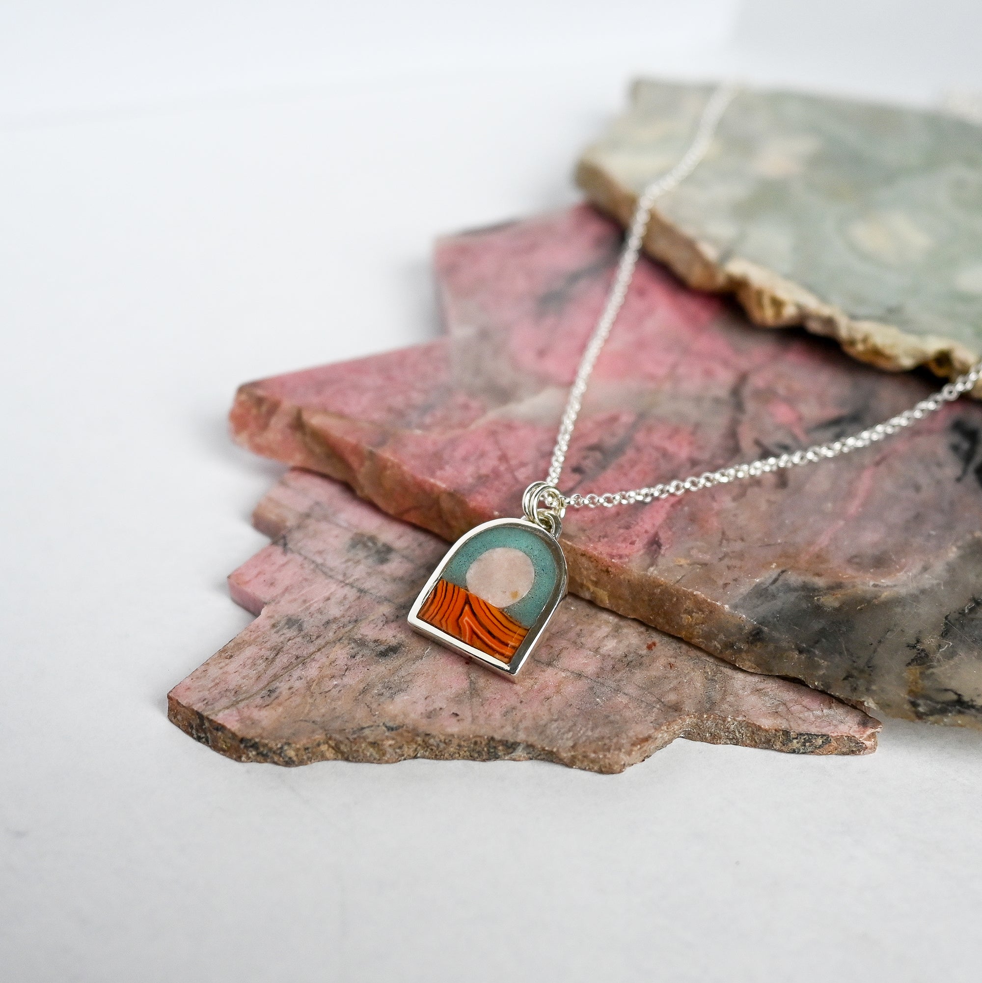 Pink Sun over Teepee Canyon Agate Small Silver Landscape Necklace no. 68