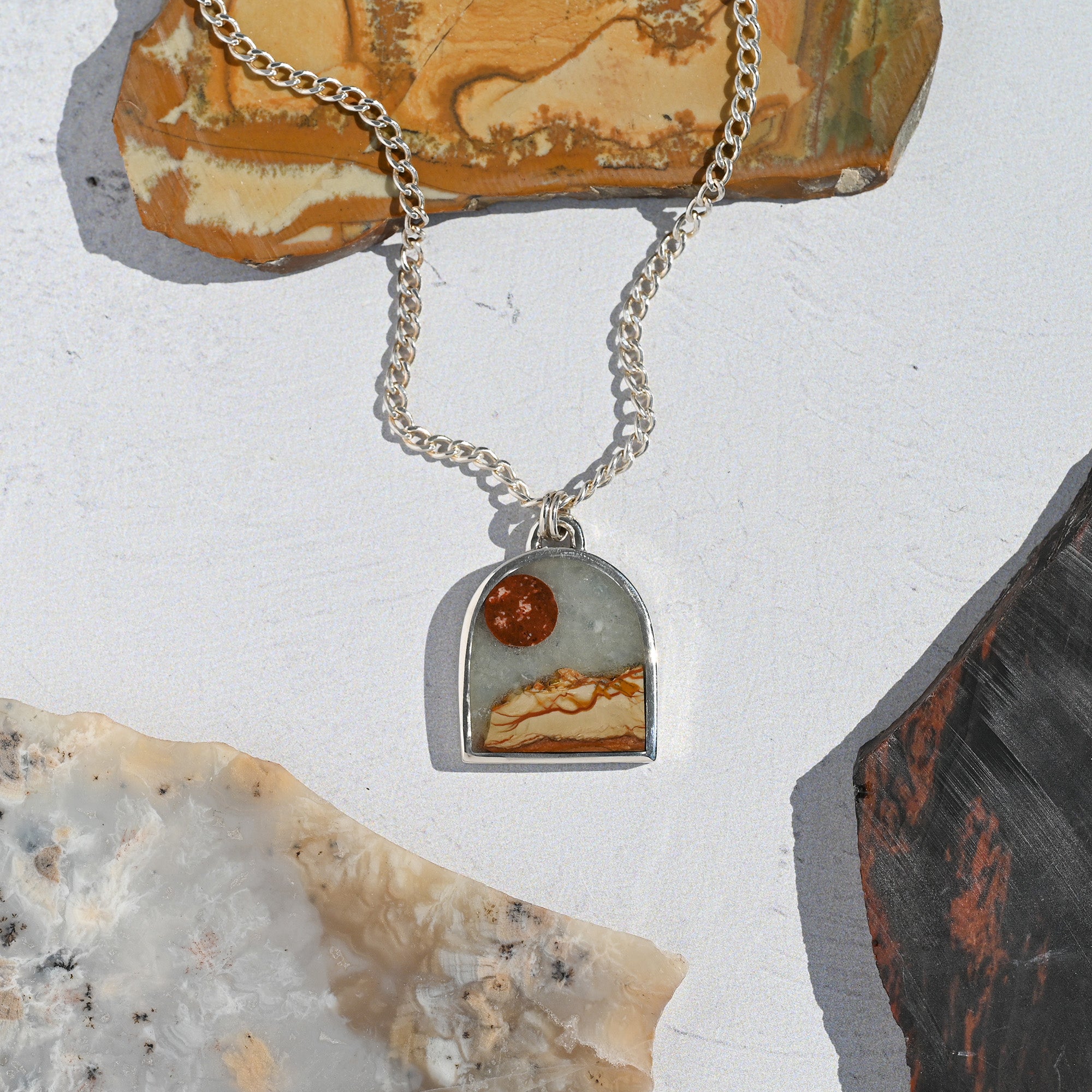 Red Sun over Golden Jasper Mountain Large Sterling Silver Landscape Necklace no. 58