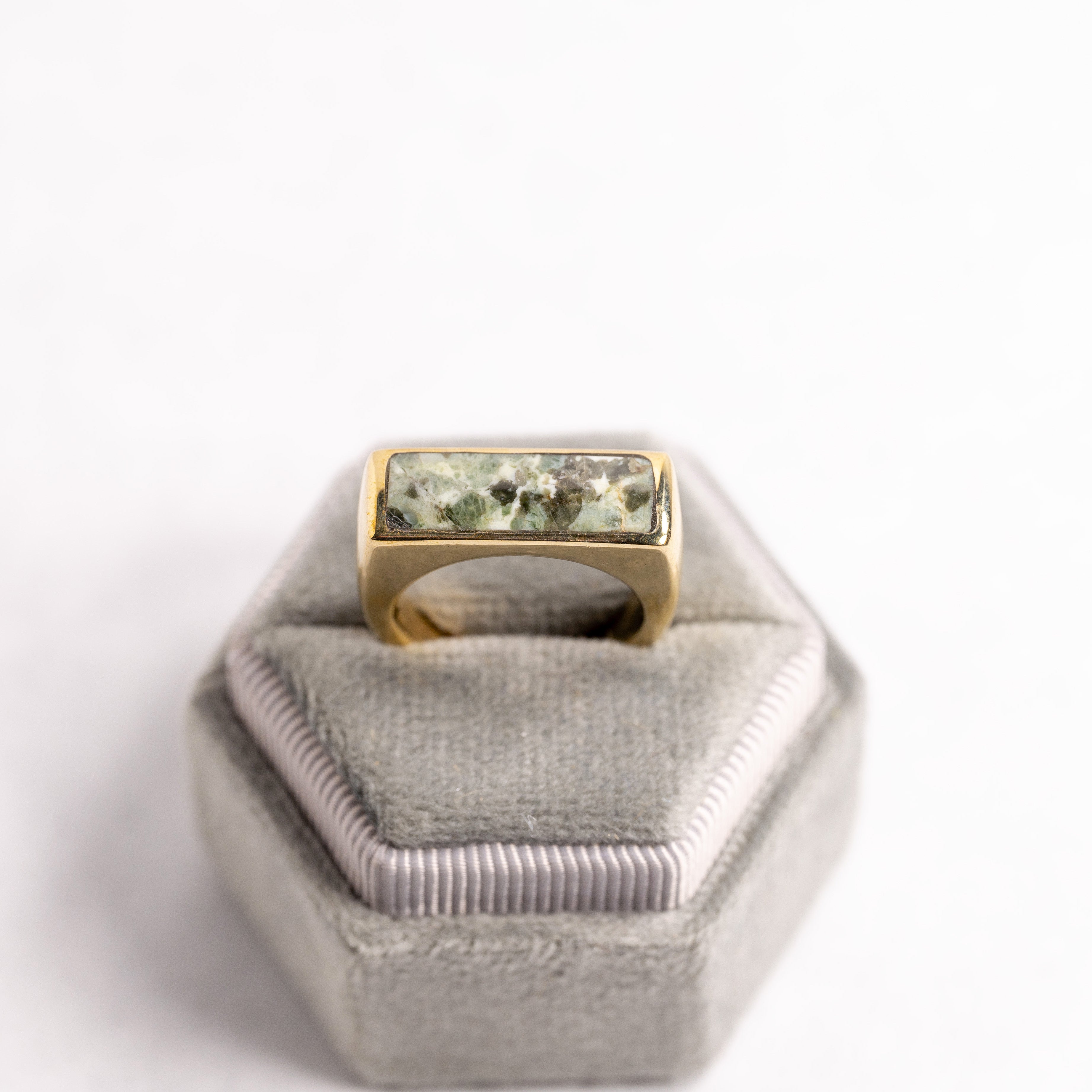 Plasma Agate Brass Stone Signet Ring, Size 7