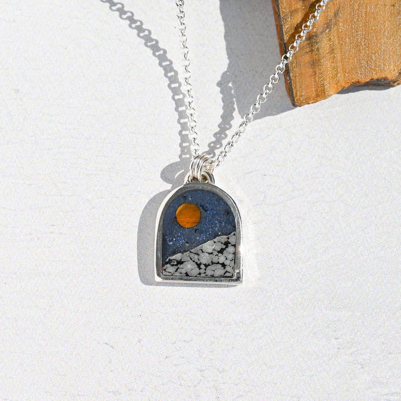 Tiger Eye Moon over Snowflake Obsidian with Lapis Sky Small Sterling Silver Landscape Necklace no. 61