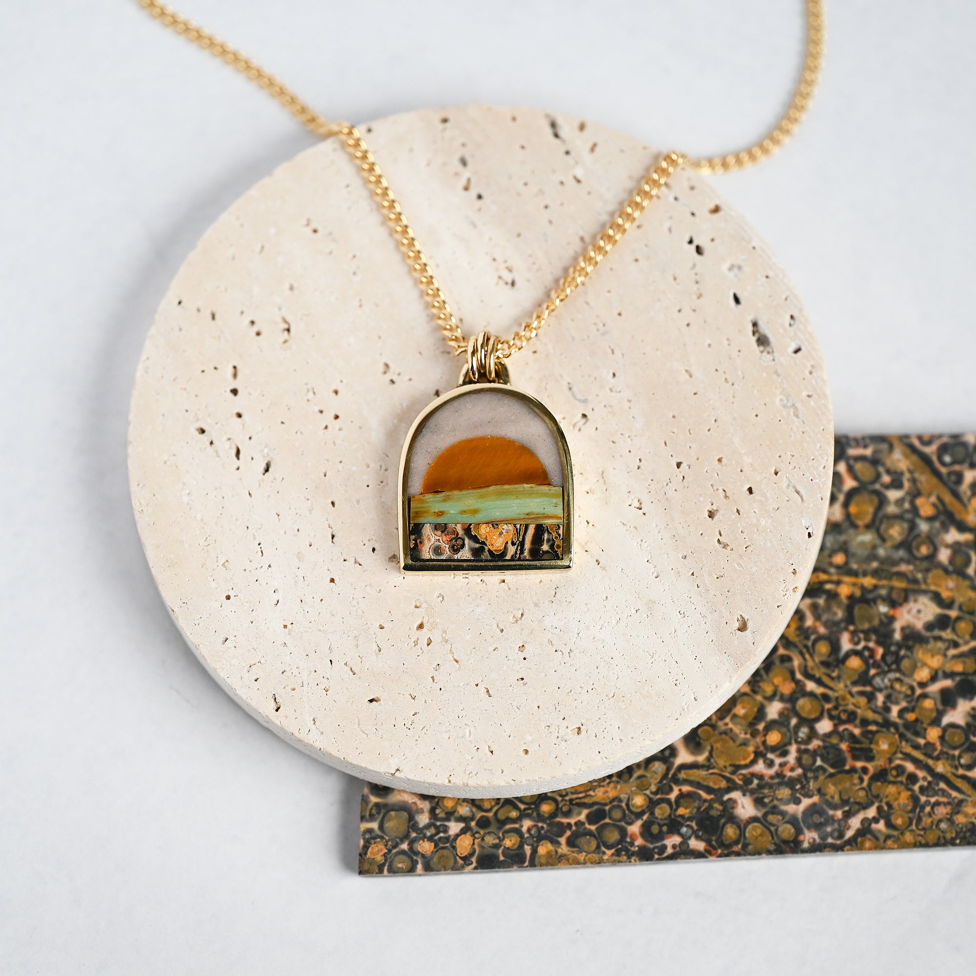 Tiger Eye Sun over Gary Green & Leopard Skin Terrain Large Brass Landscape Necklace no. 67