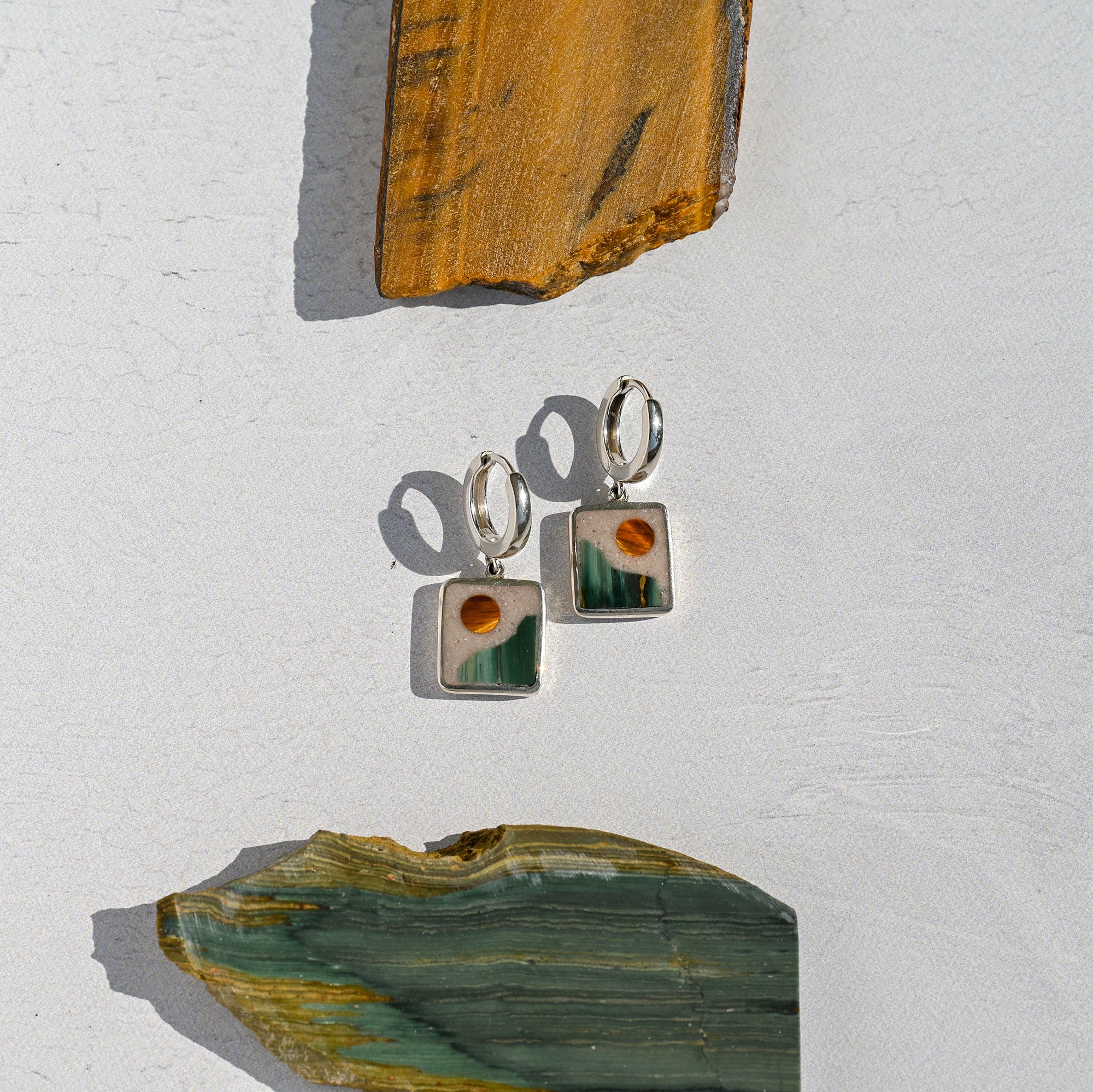 Tiger eye Sun & Gary Green Jasper Hills Sterling Silver Landscape Huggie Earrings no. 62