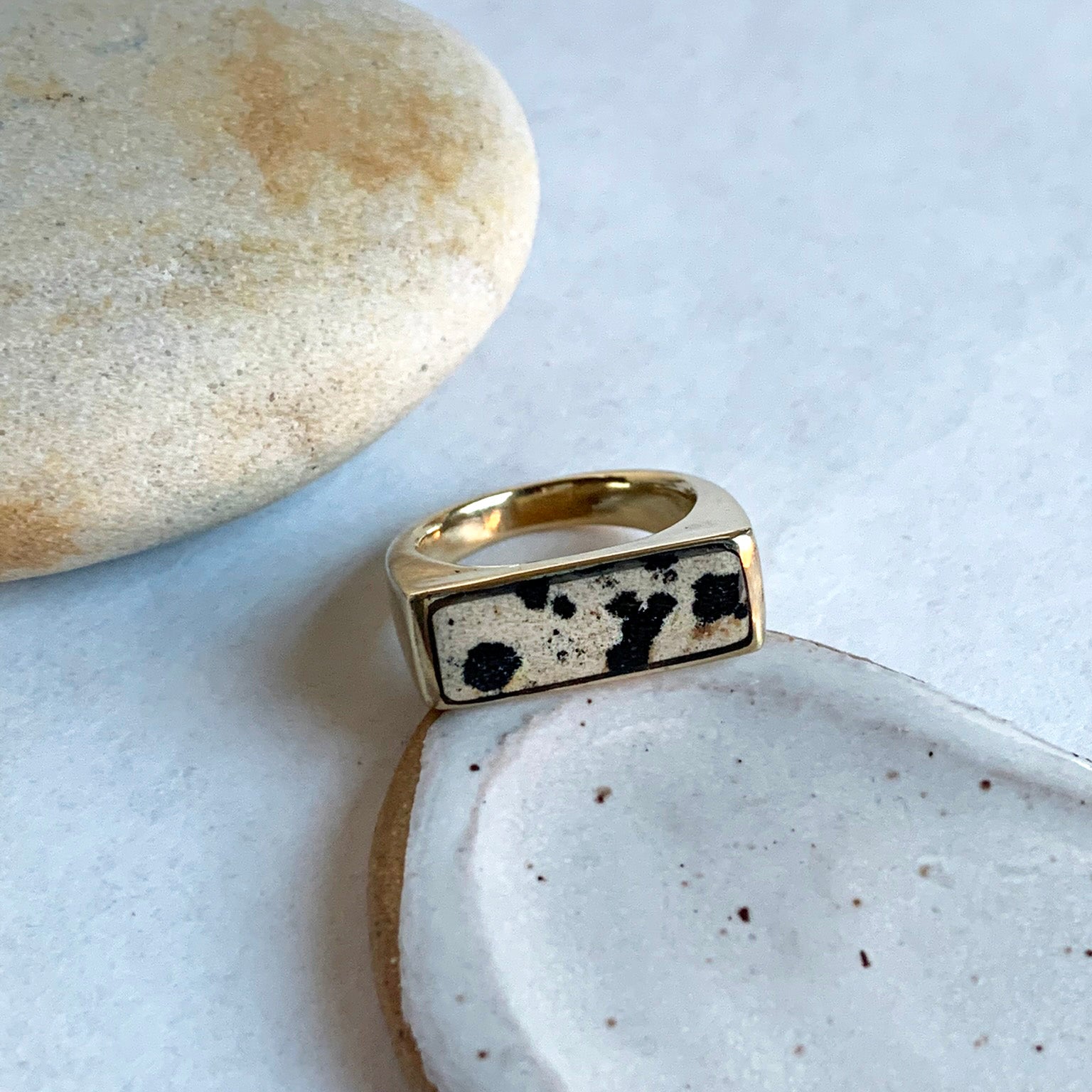 Dalmatian Brass Stone Signet Ring, Size 7